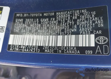 2017 Toyota Corolla Se из США, поврежденный, VIN 2T1BURHE3HC785732